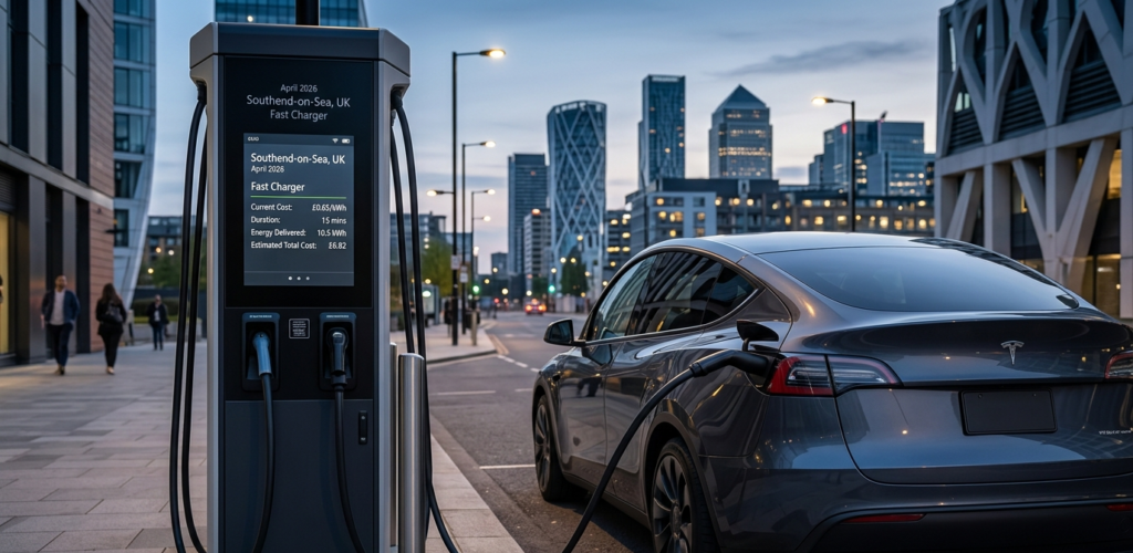 Electric car charging cost display at public fast charging station 2026