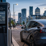 Electric car charging cost display at public fast charging station 2026