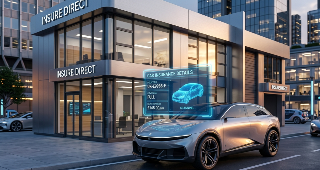 Electric car insurance concept with luxury EV and digital interface in modern city