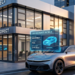 Electric car insurance concept with luxury EV and digital interface in modern city
