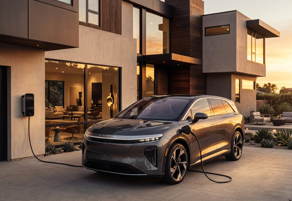 Luxury electric SUV charging at modern home station in 2026