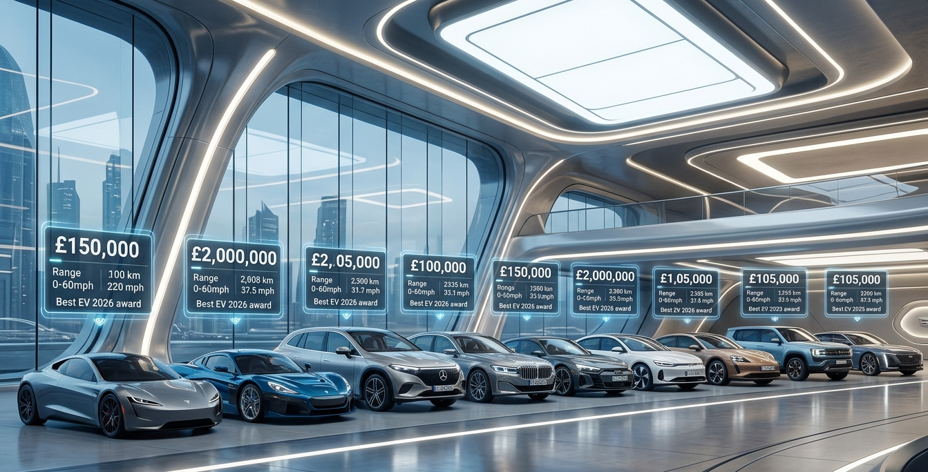 Top 10 electric cars lineup 2026 futuristic showroom comparison