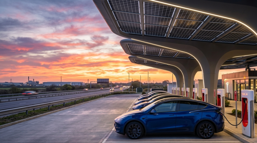 Tesla Model Y charging at highway fast charging station in 2026
