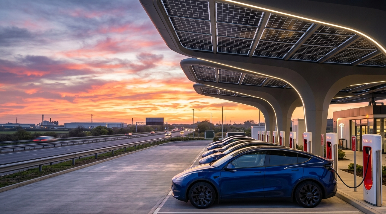 Tesla Model Y charging at highway fast charging station in 2026