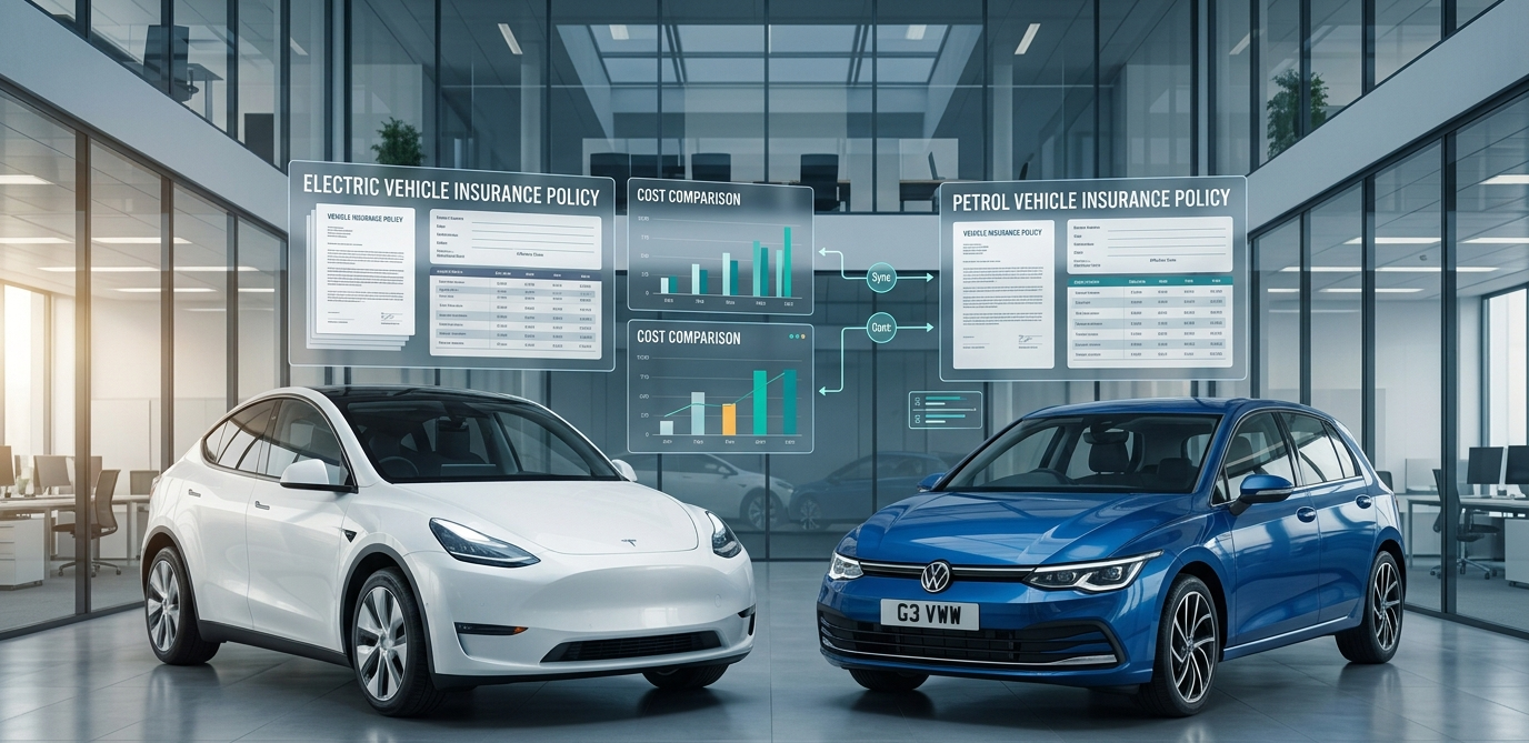 Electric car vs petrol car insurance cost comparison in 2026 digital illustration