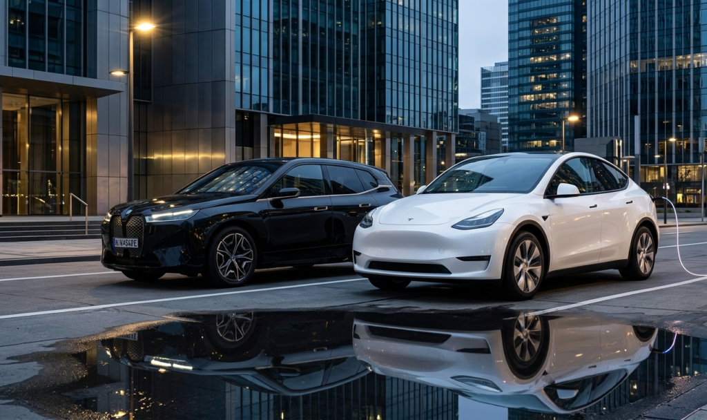 Tesla and BMW electric SUVs comparison side by side in modern city