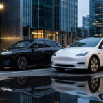 Tesla and BMW electric SUVs comparison side by side in modern city