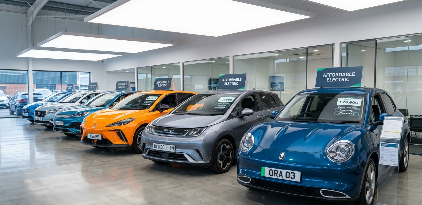 Affordable electric cars lineup in modern dealership showroom 2026