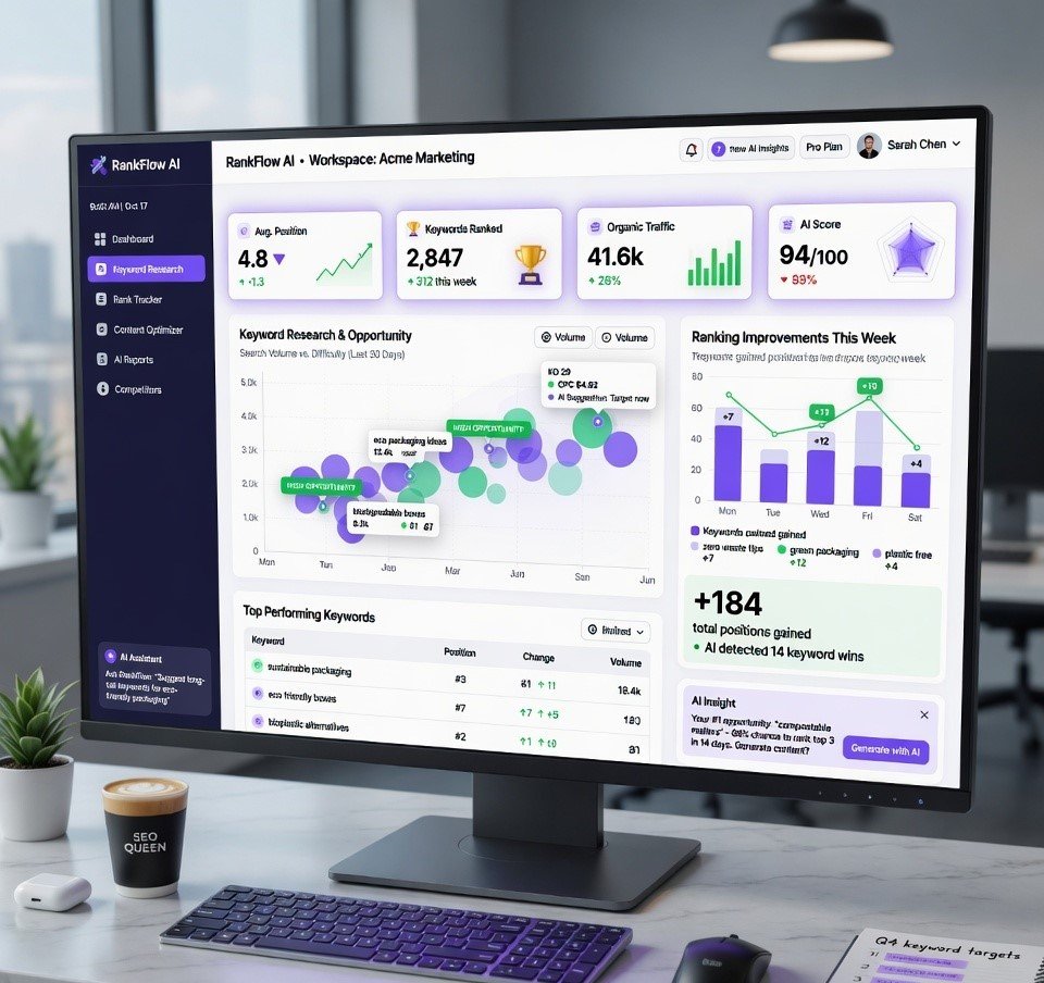 AI SEO tools dashboard showing keyword ranking analytics and Google search performance optimization